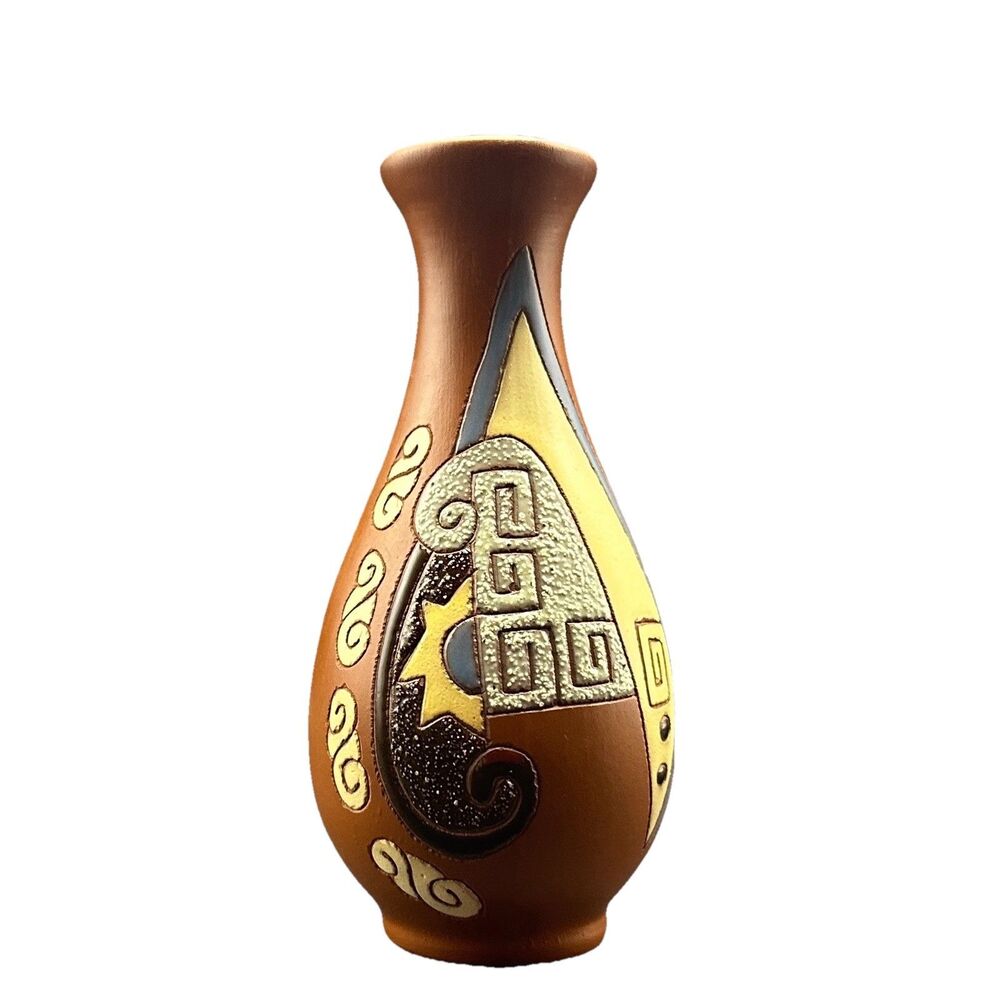 Vintage Gom Viet Style Redware Mini Bud Vase Geometric Art Pottery Boho 4.75”